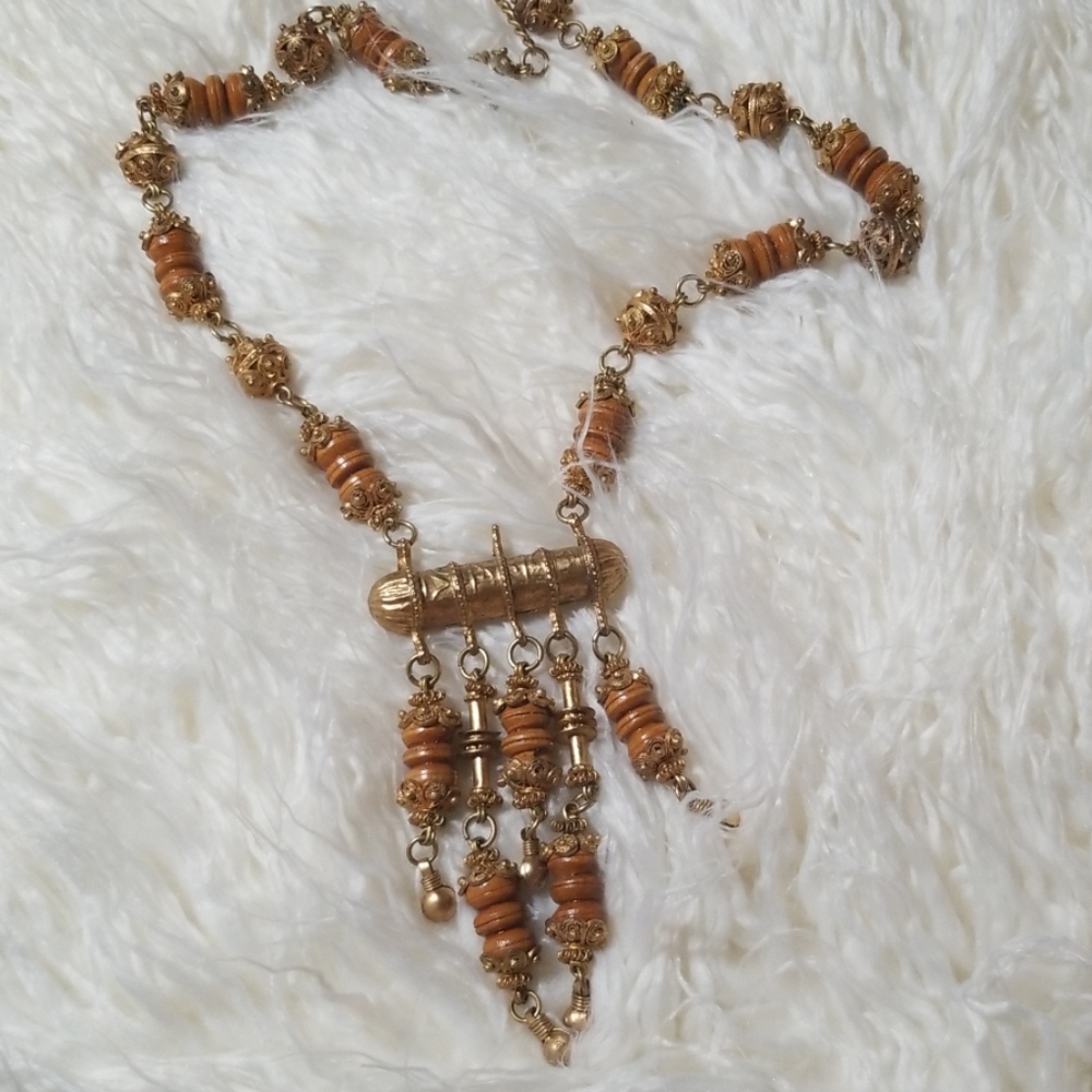 Gold and Wood Bead Tribal Prayer Necklace